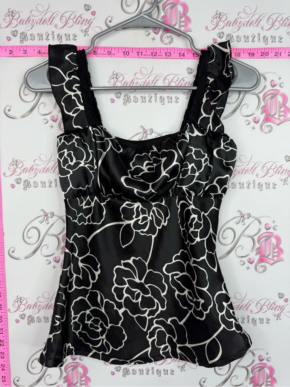 Sirens top tank Black Floral Satin Tank Top with White Outline Flowers milkmaid